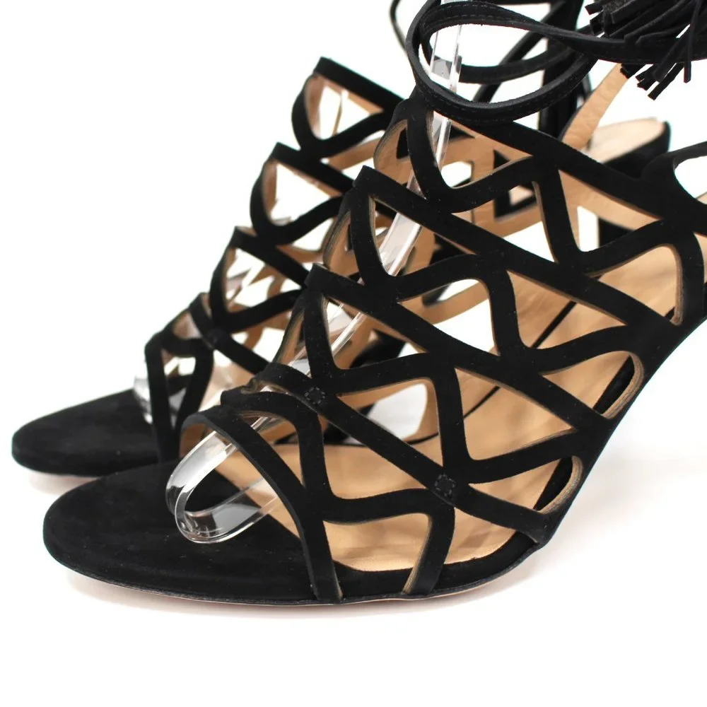Chloè Kendal Black Suede Caged Cut-Out Heeled Tassel Tie Ankle Sandals 41 Heels